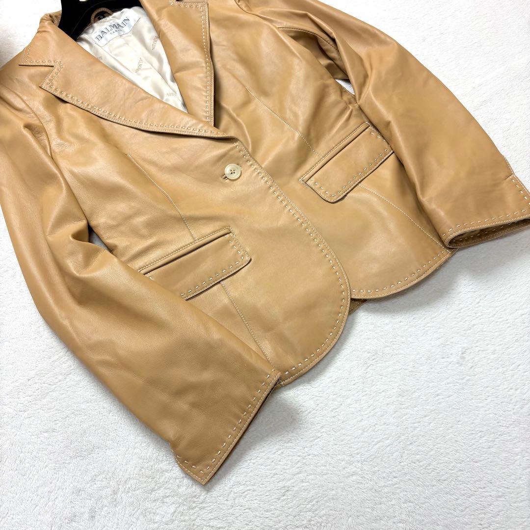 BALMAIN バルマン　本革　ラムレザー　テーラードレザージャケット　ベージュ