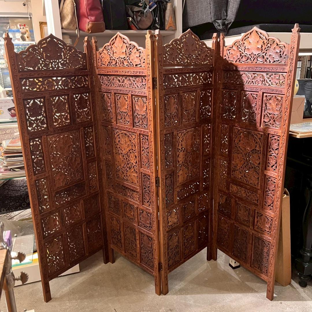 【 チーク 】アジアン パーテンション インド製 衝立 エスニック 仕切り 4連