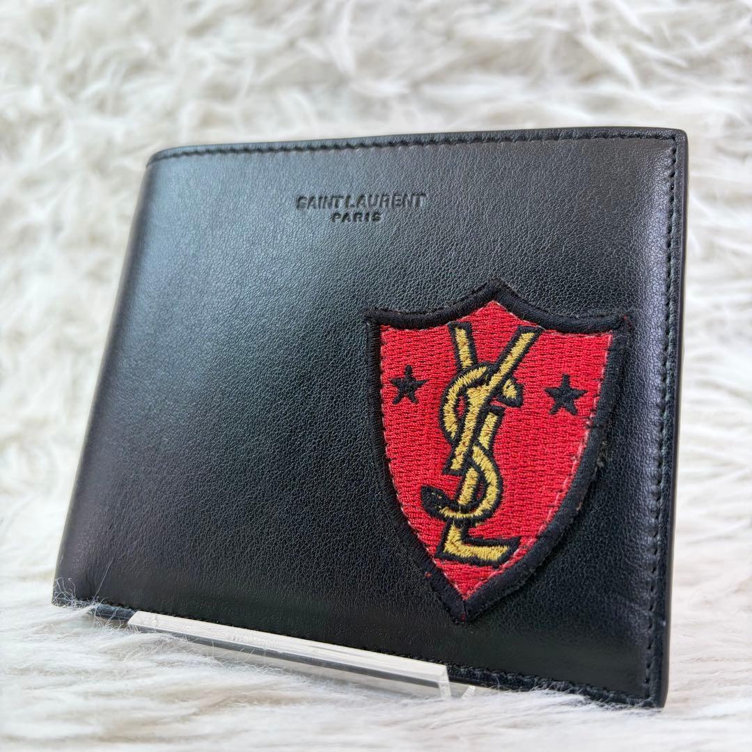未使用級✨サンローラン 二つ折り 財布 YSL シールドワッペン 黒/ブラック