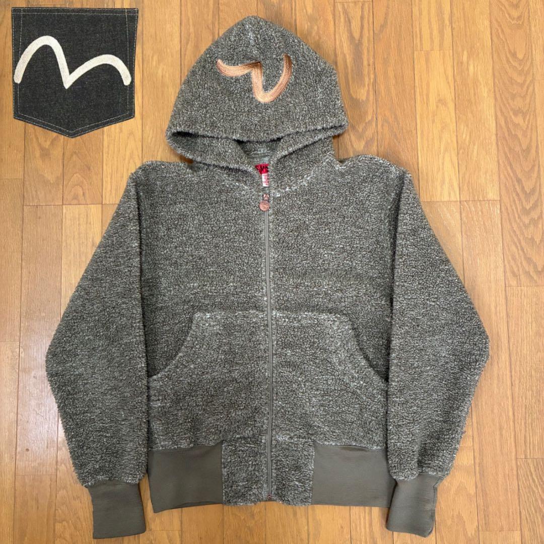 【美品】EVISU ジップアップフリースパーカー 40 グリーン