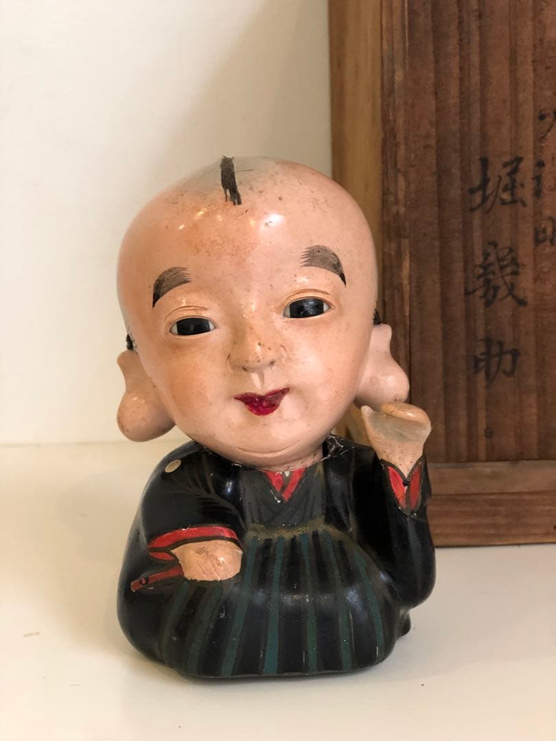 大正5年　福助人形　胡粉仕上げオープンマウス　骨董品　首動人形 インテリア　置物