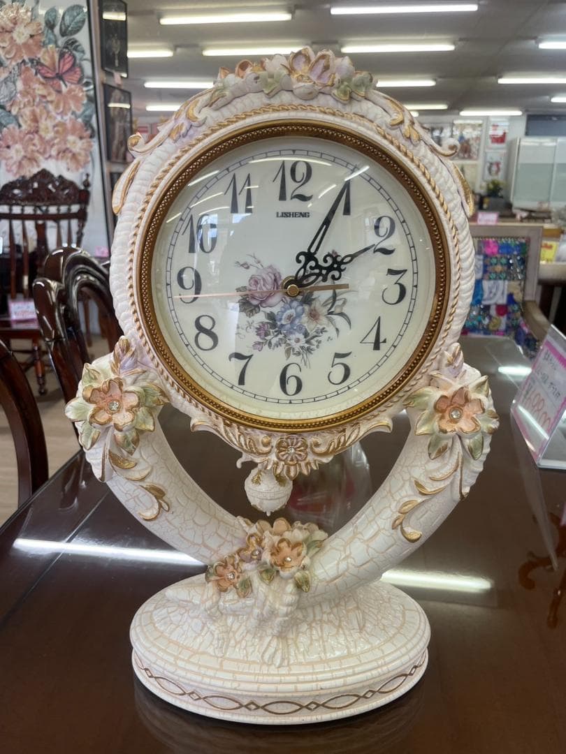 ロココ　振り子時計　置き時計　時計　クロック　姫　バラ　ピンク　アンティーク