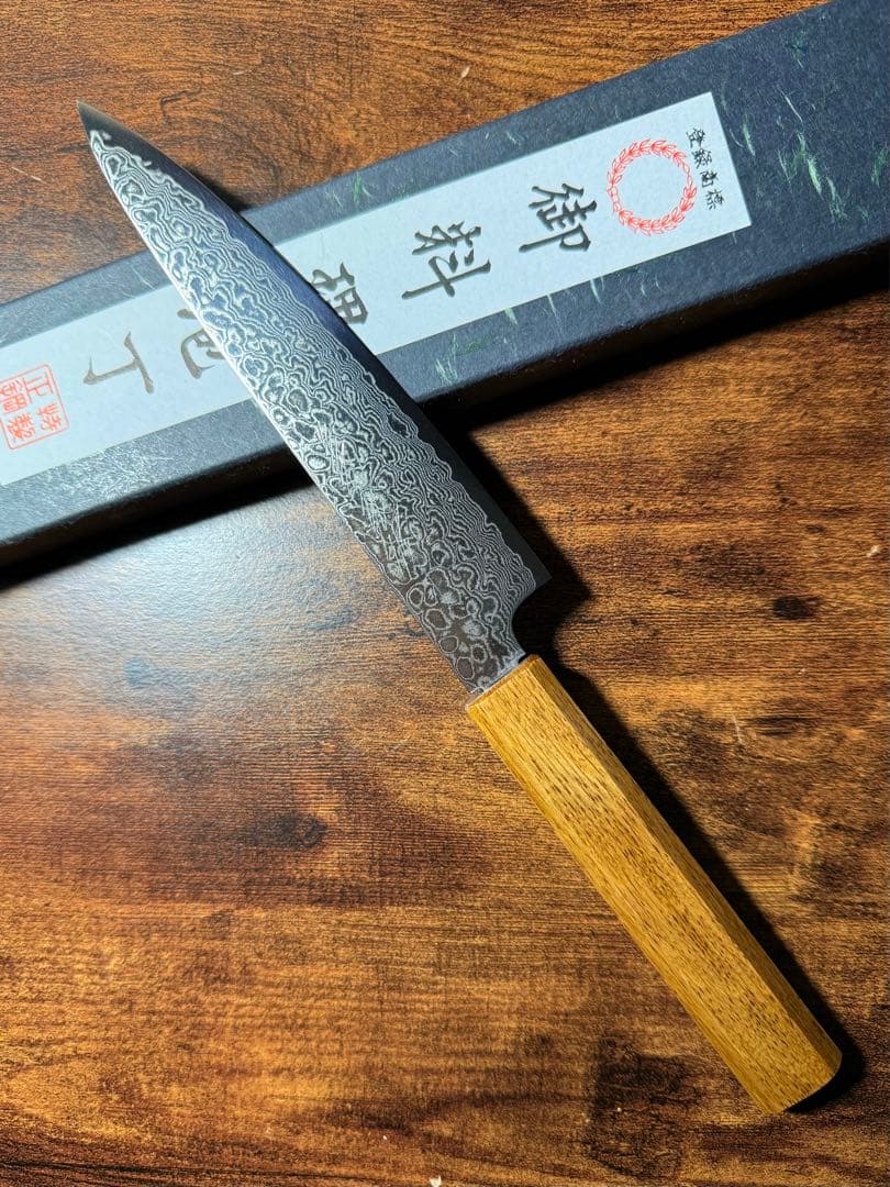 義弘作　ペテイナイフ　包丁　ZA18鋼 69層ダマスカス　山脇刃物　樫八角柄