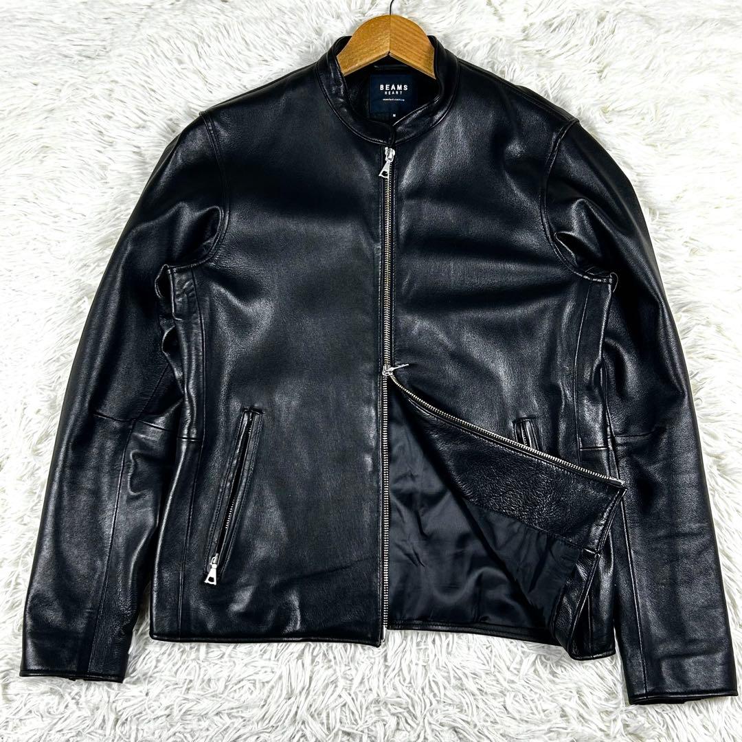 極美品 ビームスハート ダブルジップ シングルライダースジャケット 羊革 黒 秋