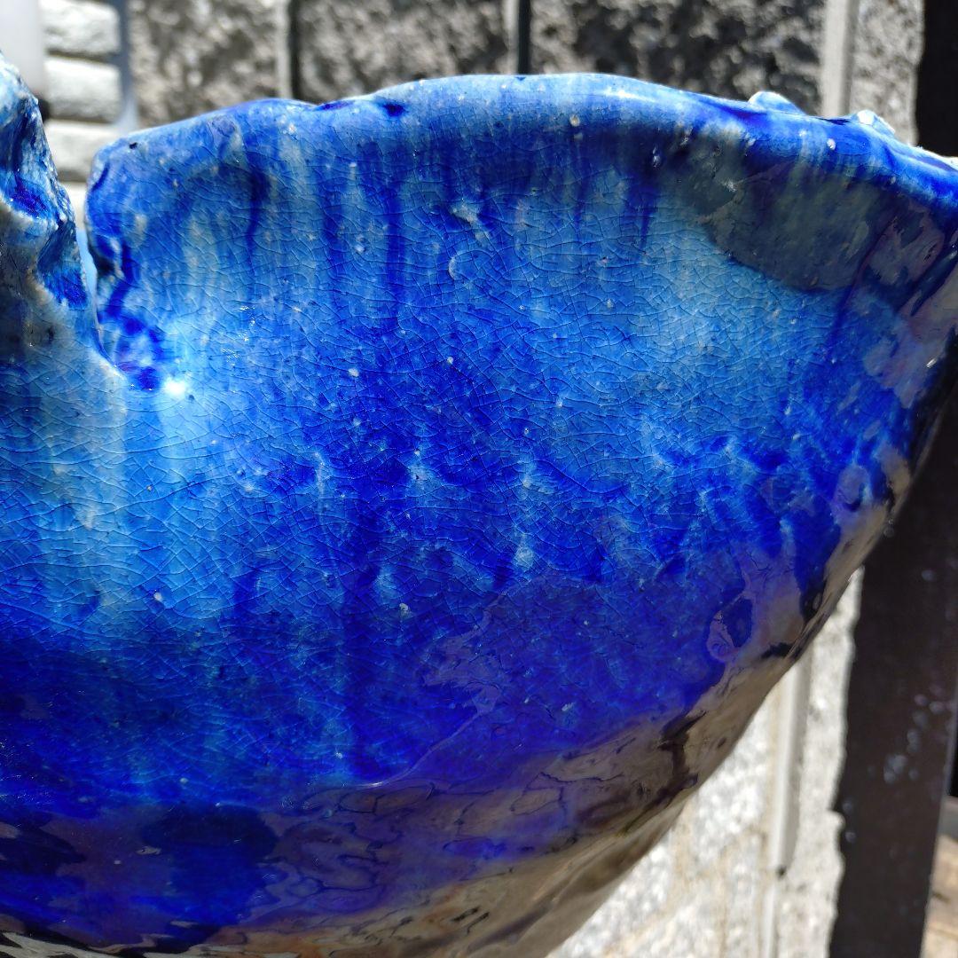 信楽焼手作り　ブルーガラスめだか鉢金魚鉢　直径53㌢