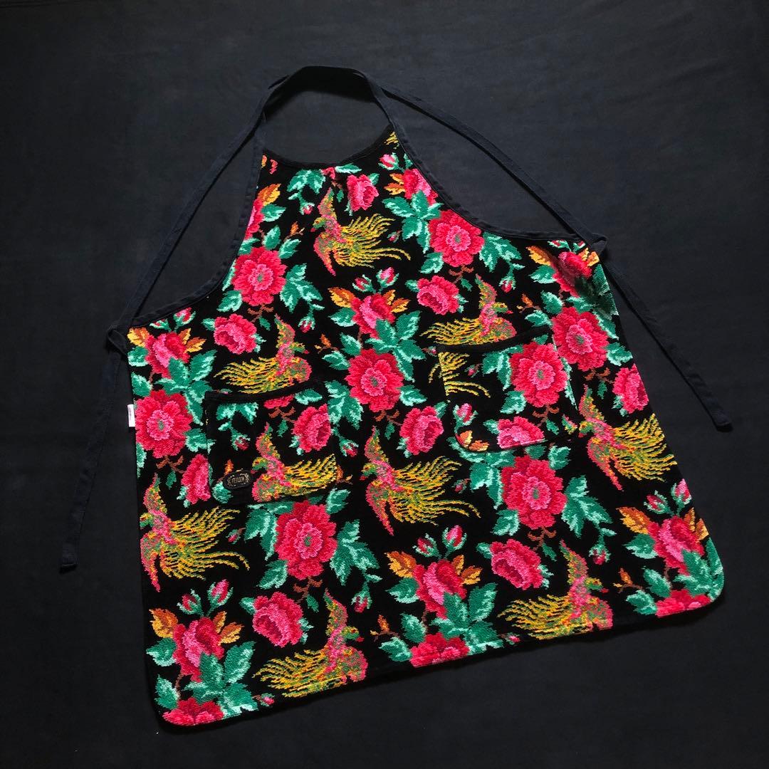 美品 FILLER 花柄 鳳凰柄 シェニール織りタオル生地 エプロン レトロ