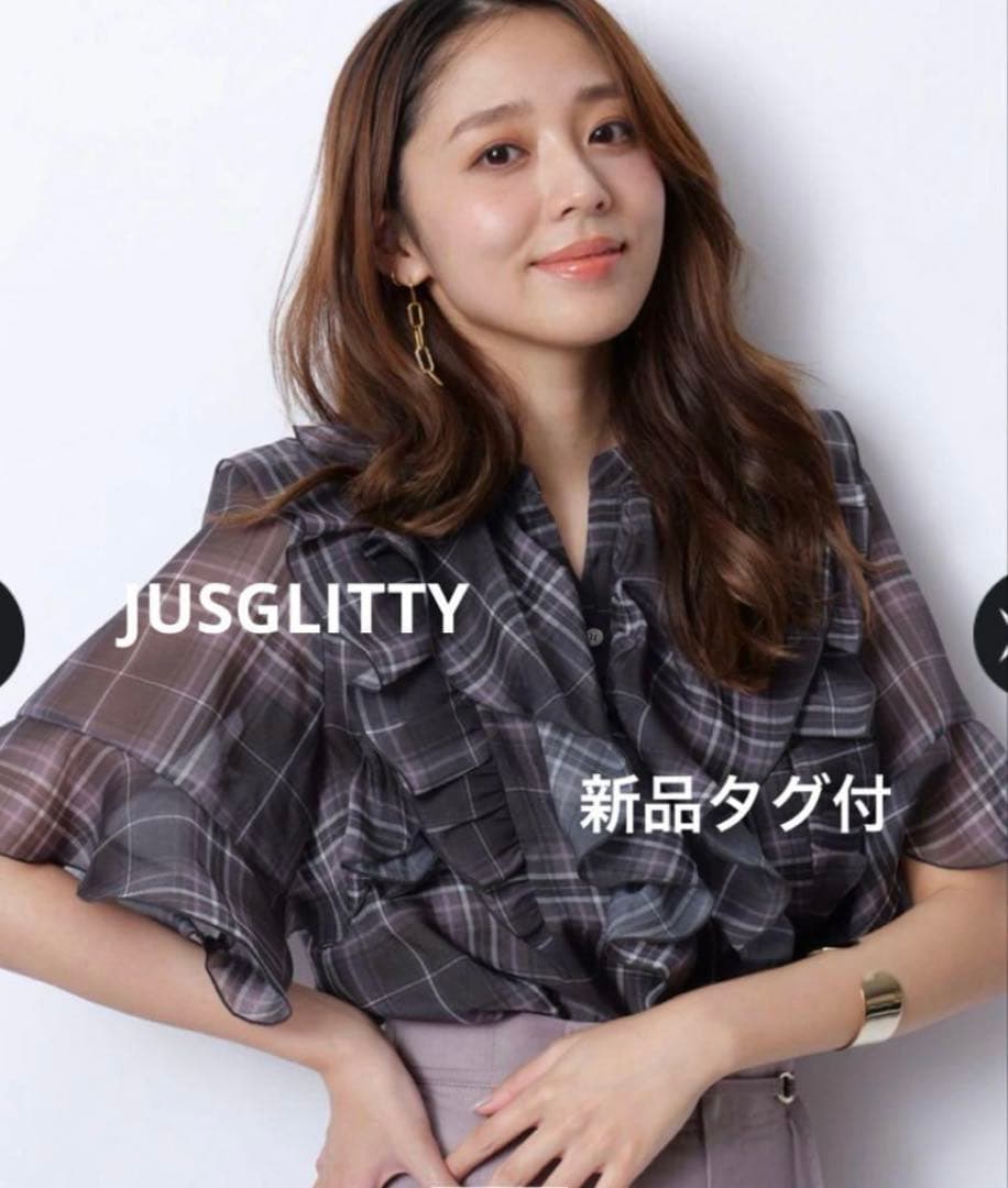 新品タグ付 JUSGLITTY シアーチェックブラウス ピンク M