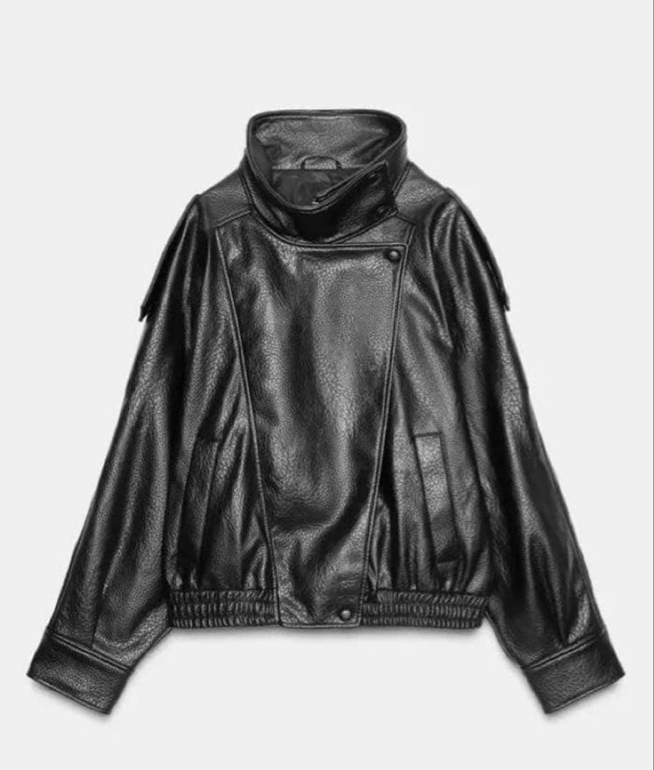 ZARA 完売　YSL似　黒 ハイネックフェイクレザージャケット