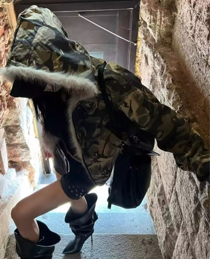 迷彩柄ファージャケット　パーカー　カモフラ　韓国　L