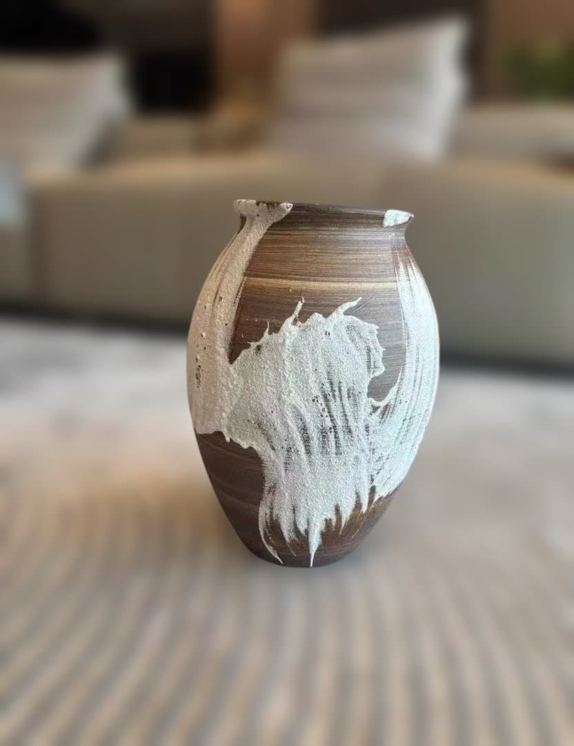 アート風陶器花瓶 ブラウンホワイト