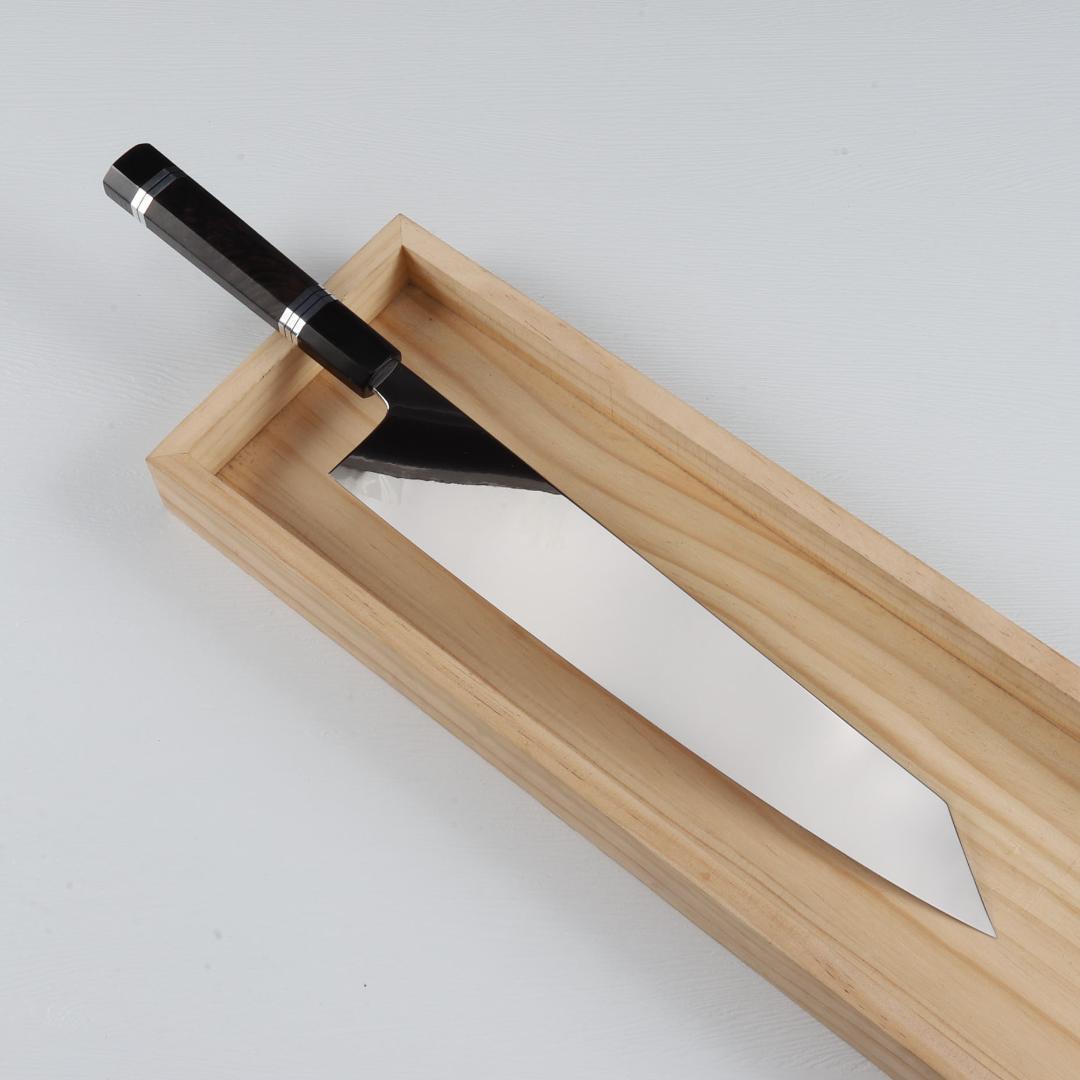 7555切付型特大牛刀 尺一ウルトラ鏡面仕上げ 両刃刺身包丁 黒檀五本銀巻八角柄