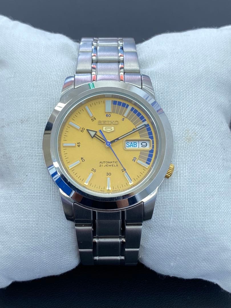 【稼動】セイコー5 メタルバンド 腕時計 自動巻き デイデイト 裏スケルトン