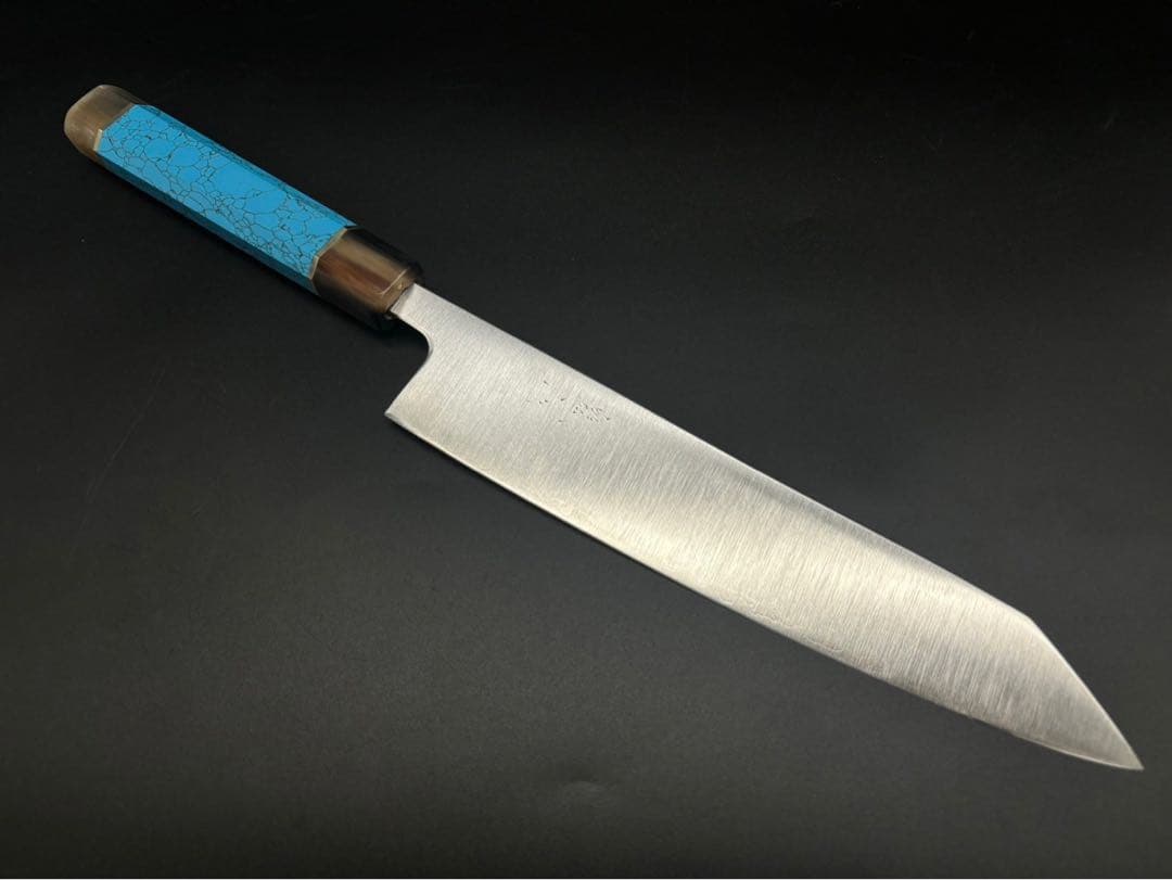 日本製　青ガミスーパー鋼　割り込み切付け牛刀230mm ターコイズ柄