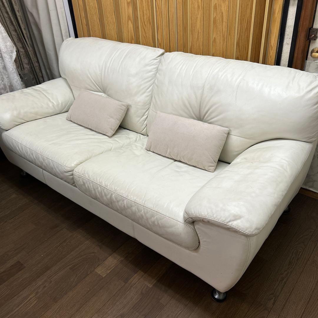 ホワイトレザー （本革）3人掛けソファ
