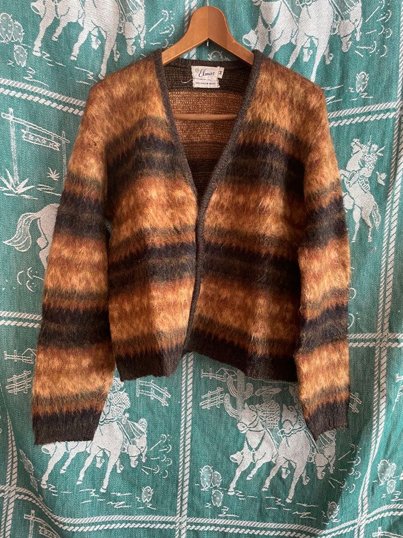 60s シャギーウールカーディガン　ヴィンテージ　M ボーダー