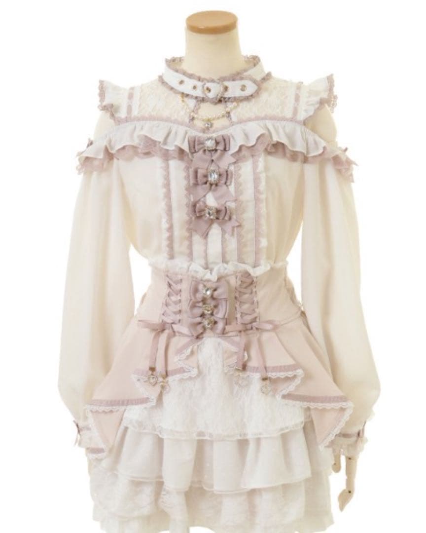 LIZLISA リズリサ3つリボンフロントチョーカーブラウス ピンク×白