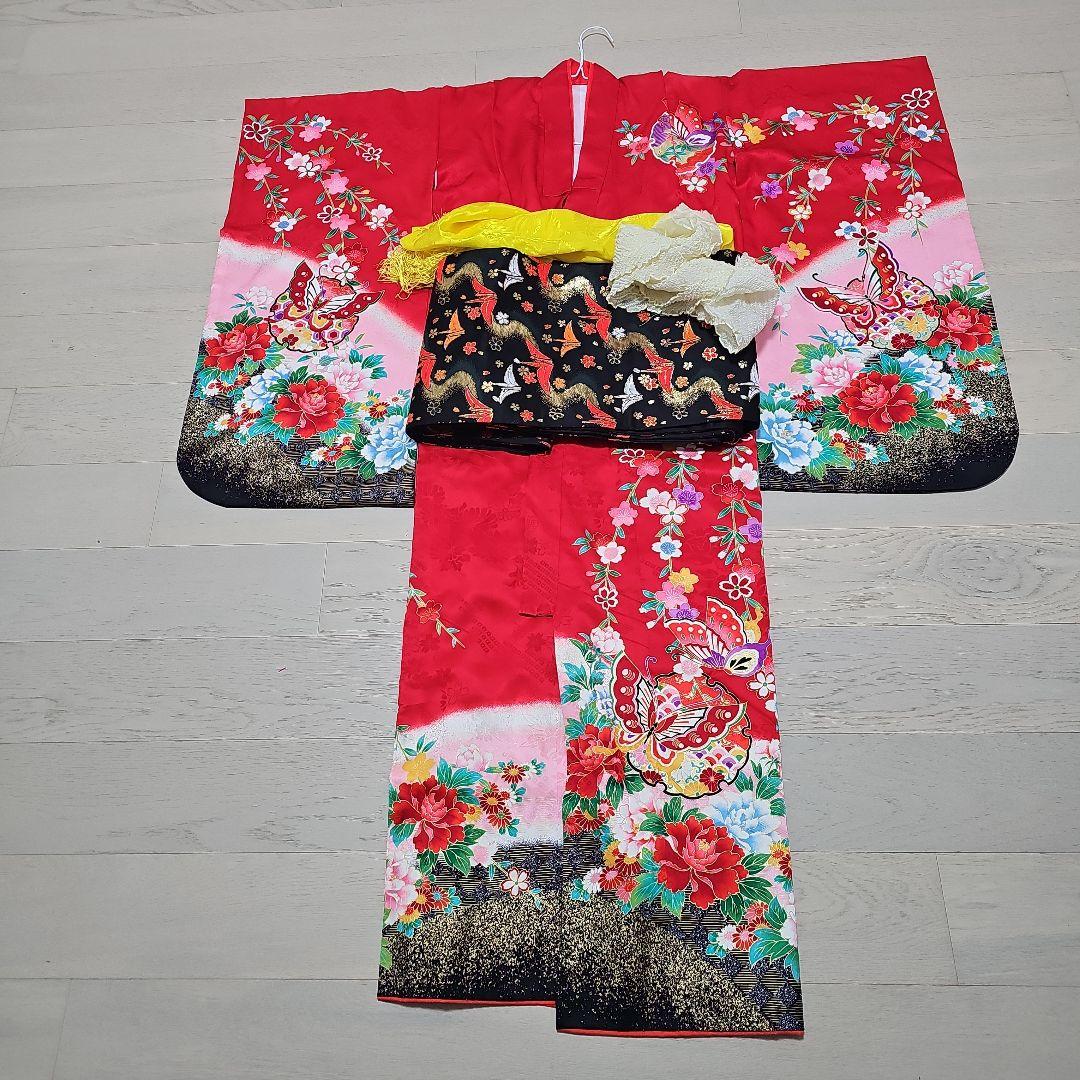 お買い得品。七五三 7歳着物セット 赤 ピンク 黒【華やか美品】