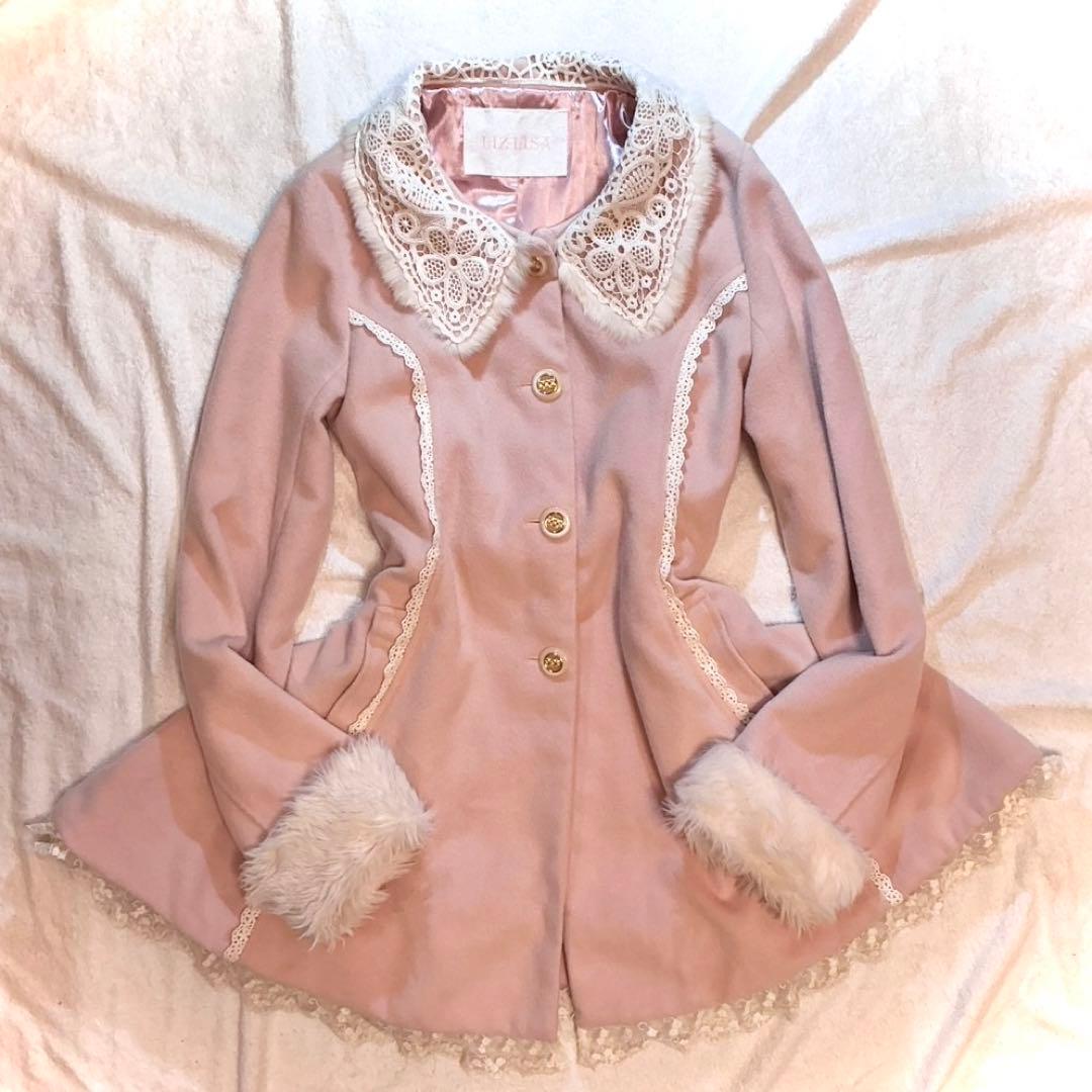 LIZLISA 希少 ホワイト×ピンク ビッグリボンふわふわファーコート 姫ロリ