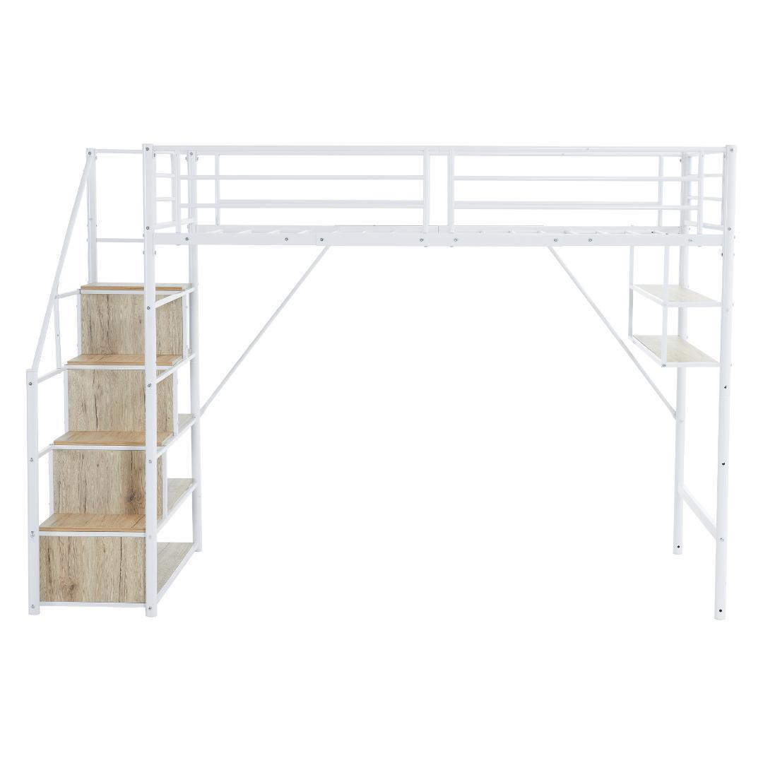 新作 ホワイト　ロフトベッド 片側手すり付き 収納付き パイプベッド