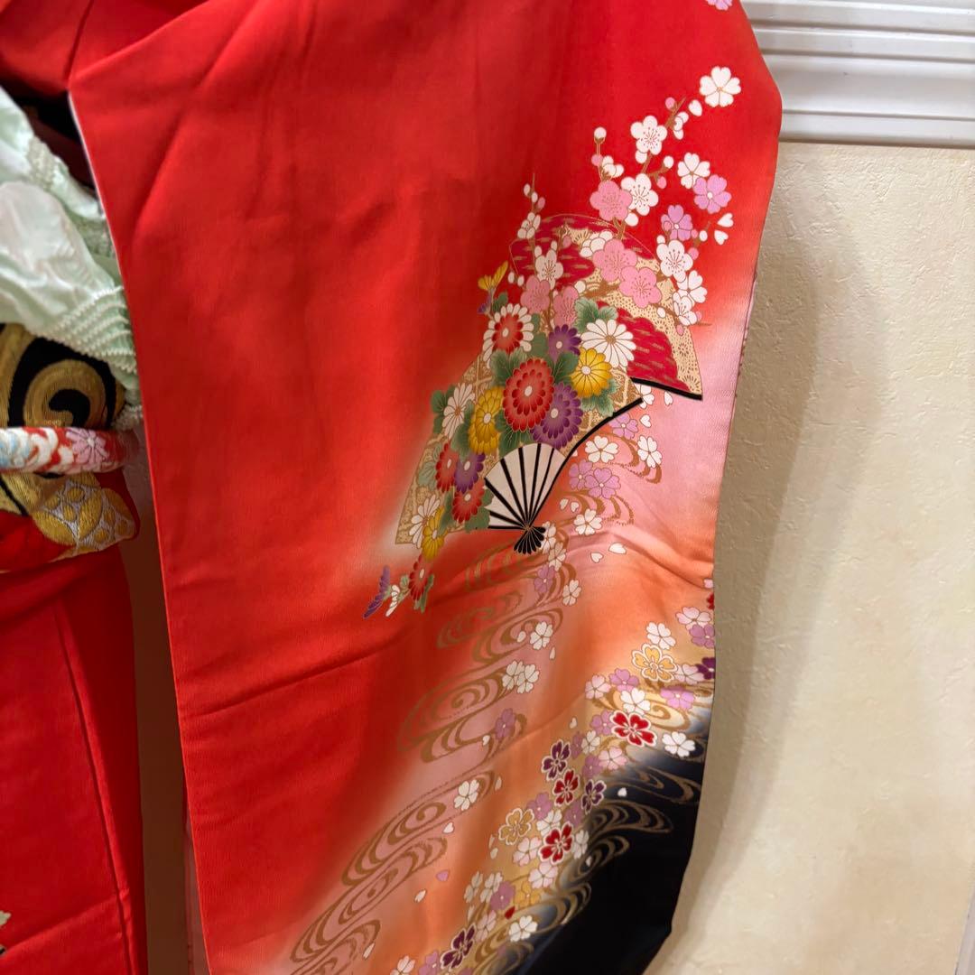 七五三 女子着物 7歳赤地暈し‼️豪華扇花々金彩金箔絢爛完全フルセット‼️