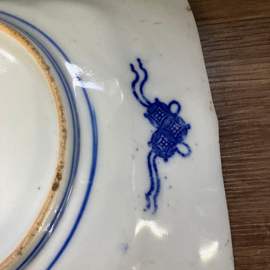 D-5時代物 伊万里焼 染付 孔雀図 牡丹図 舟形角皿 平皿 飾皿 骨董