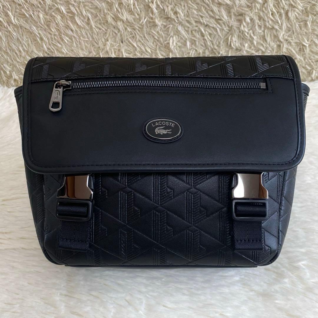 ✨極美品✨ LACOSTE モノグラム スモールメッセンジャーバッグ レザー 黒