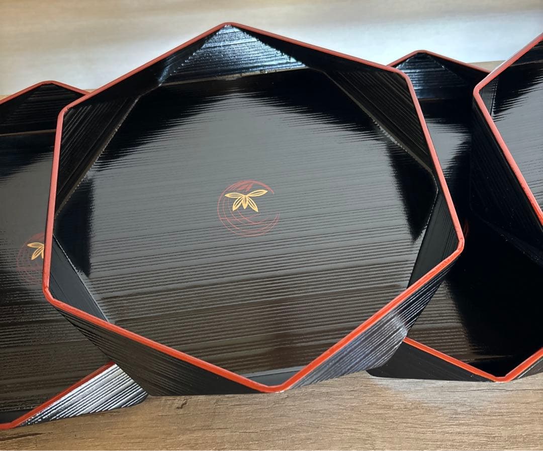 線挽塗盛り鉢、線挽塗六角器、越前河和田塗、５つ組、紙専用箱付