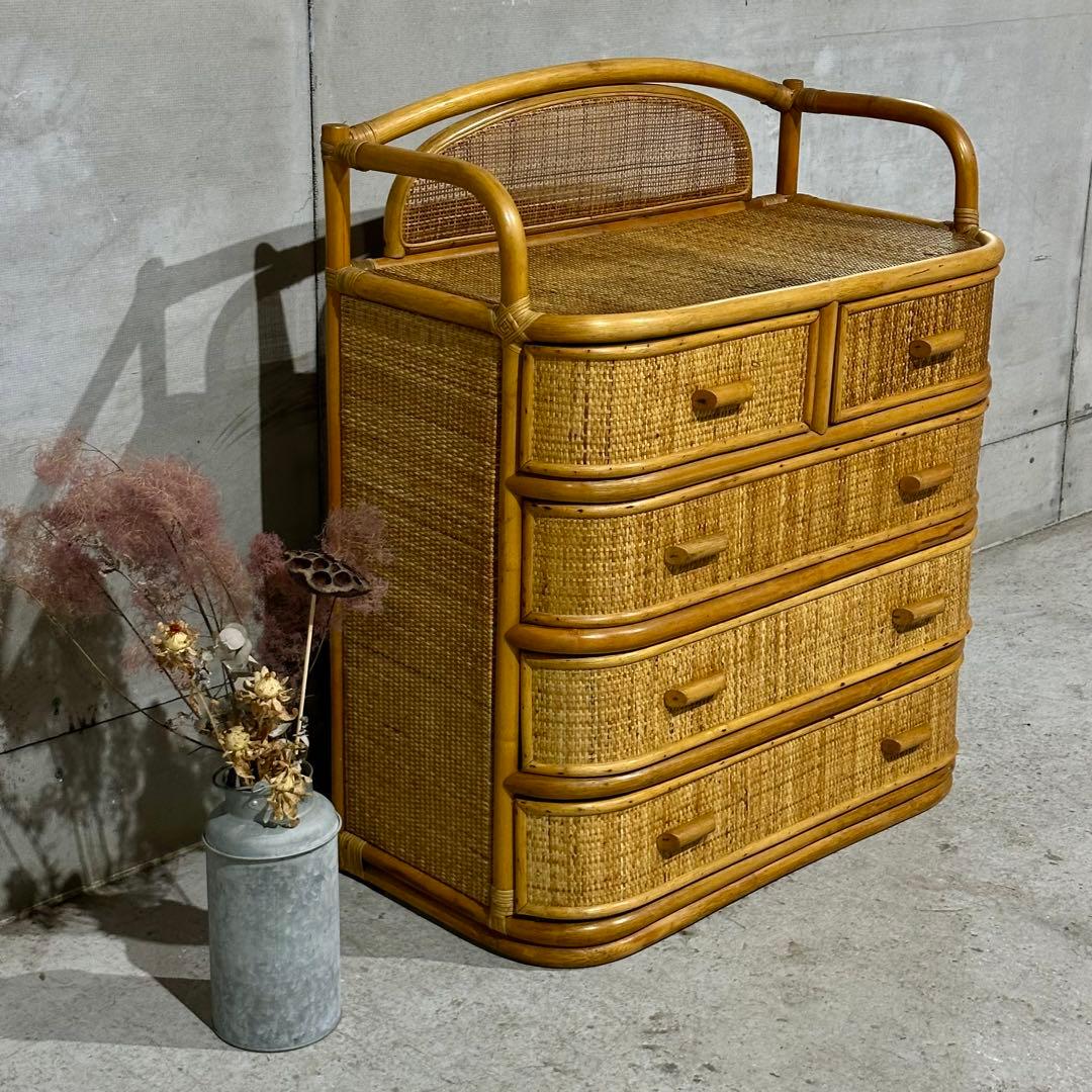 ꧁オールドがラタン꧂籐 収納家具 和モダン 昭和レトロ 6段チェスト