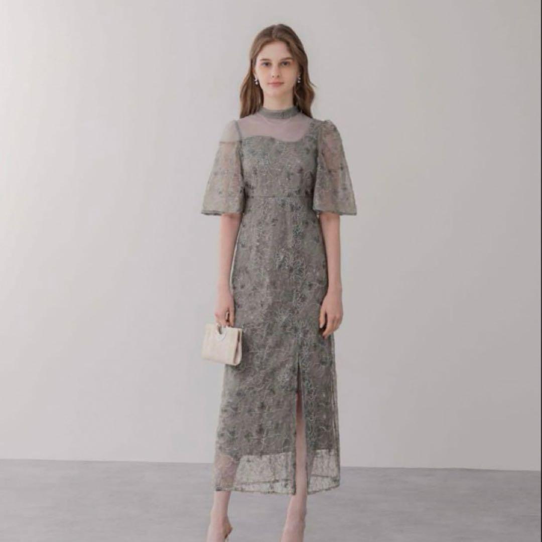 LEJA 花柄刺繍スパンコールベロアスリット Iラインドレス M 結婚式ドレス