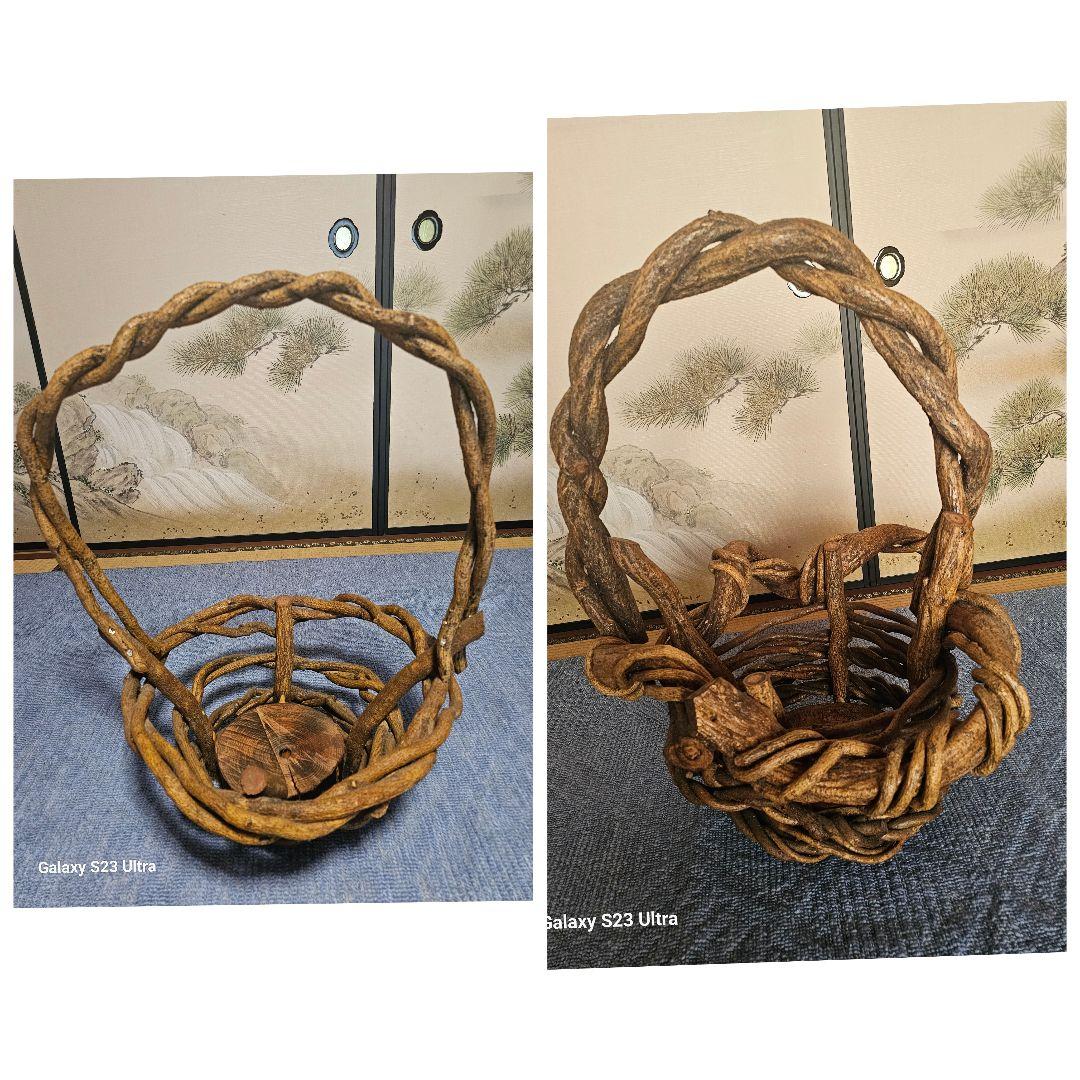 特大　ナチュラルブラウン編み込みカゴ　ツル編み