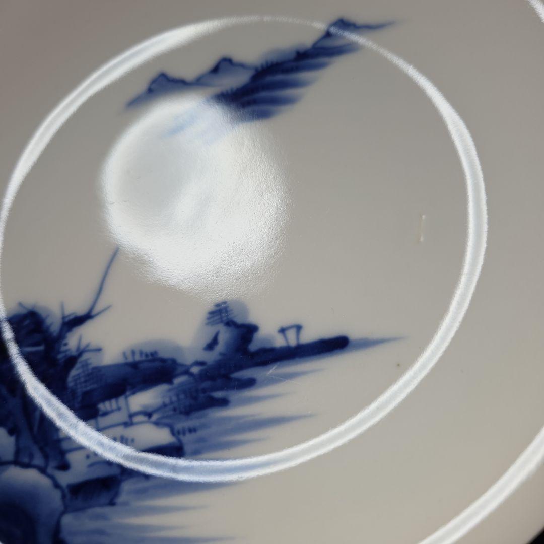 源六焼　富永源六　染付山水文　高台 輪花皿　中皿　18.5cm　4枚　 三つト印