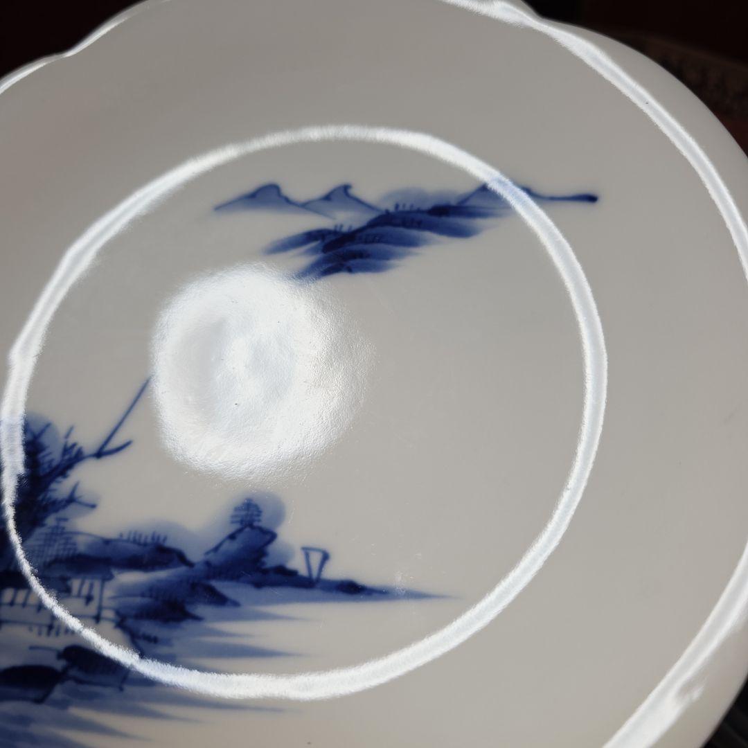 源六焼　富永源六　染付山水文　高台 輪花皿　中皿　18.5cm　4枚　 三つト印