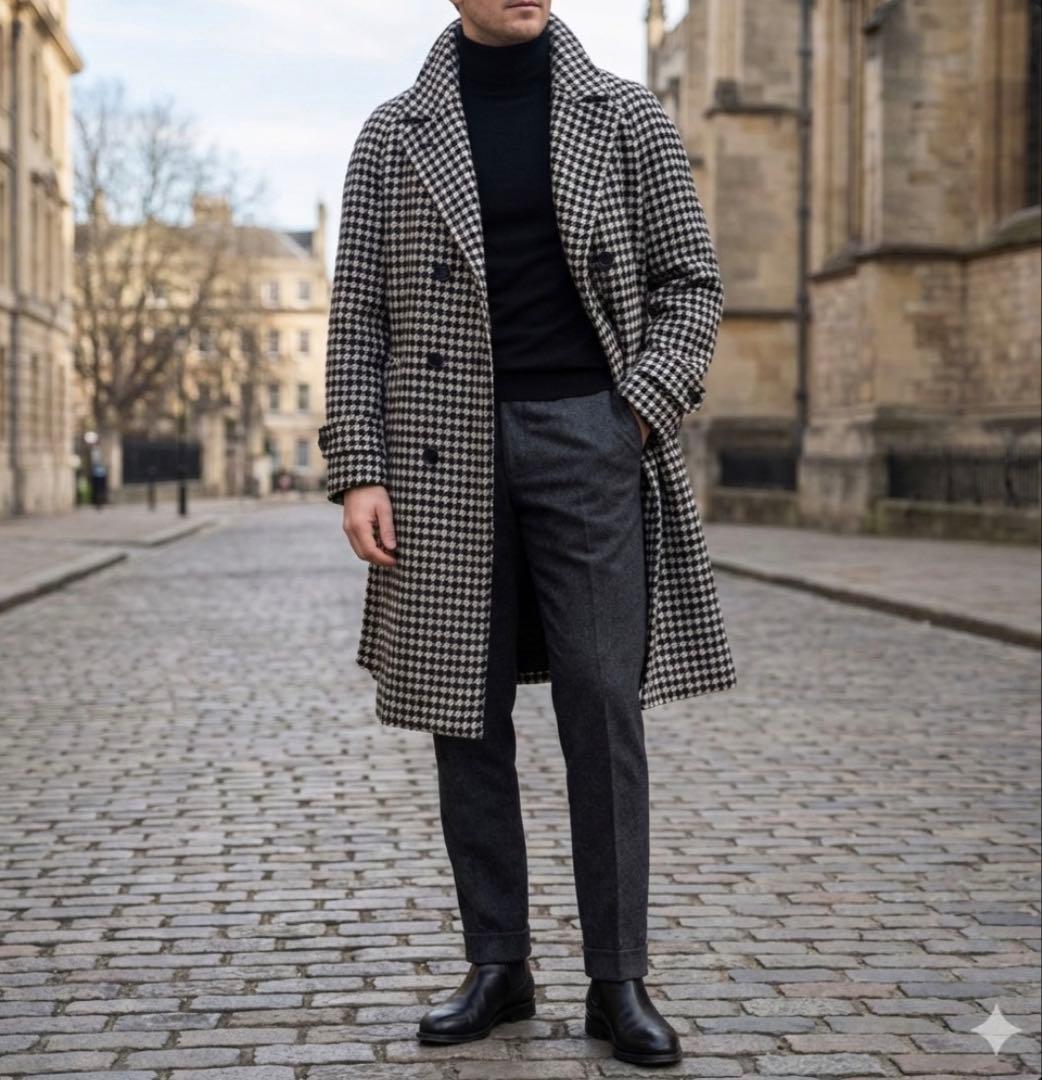 【美品】CARUSO カルーゾ アルパカ混 千鳥格子 ベルテッドコート 46