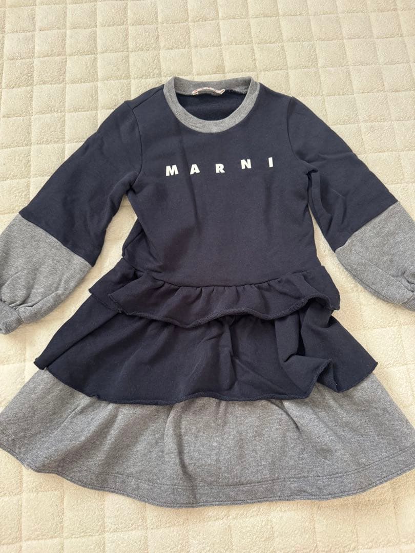 MARNI キッズ フリル付きワンピース ネイビー/グレー