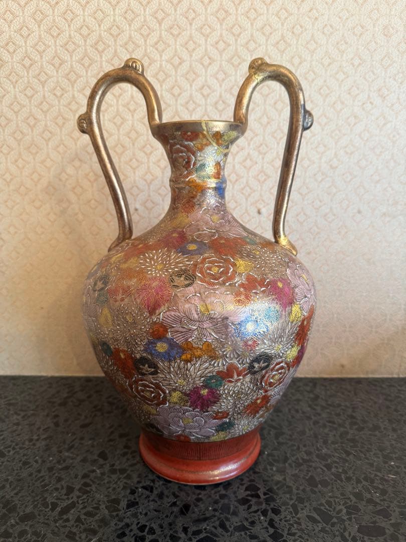 【O-2130】九谷錦園 花瓶 花入 金継ぎ 薩摩焼風