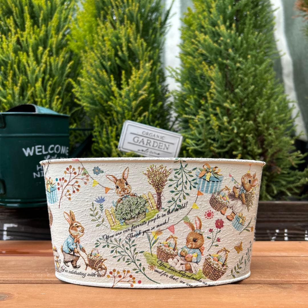 ミラちゃんさまご購入品　オーバルプランター Ｍサイズ　 水色リボンのうさぎさん