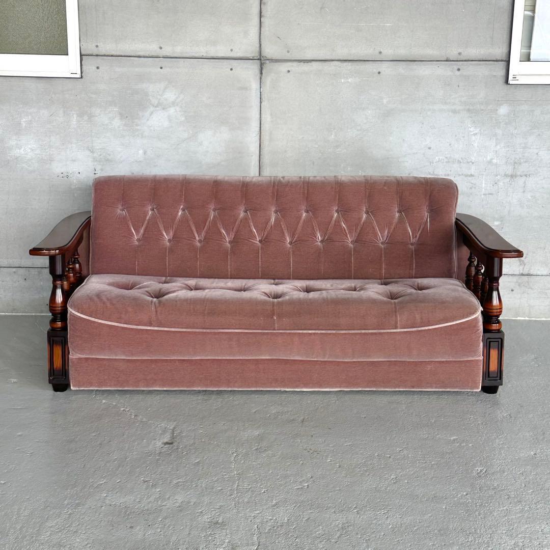 ✦80s✦ 昭和レトロ 三人掛けソファー ベロア生地 木製アーム アンティーク
