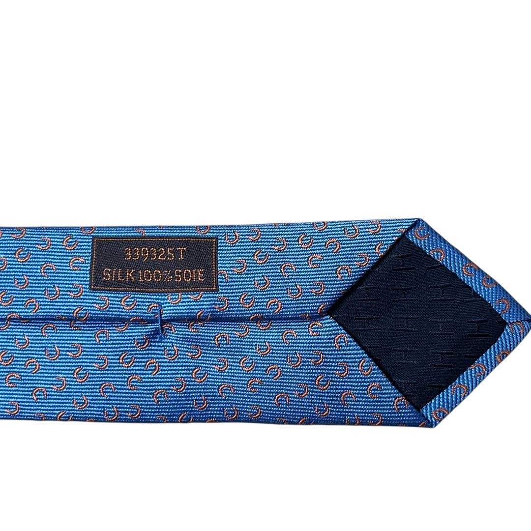 極美品　エルメス　ネクタイ　水色　ファソネ　ホースシュー　馬蹄　H柄　ジャガード