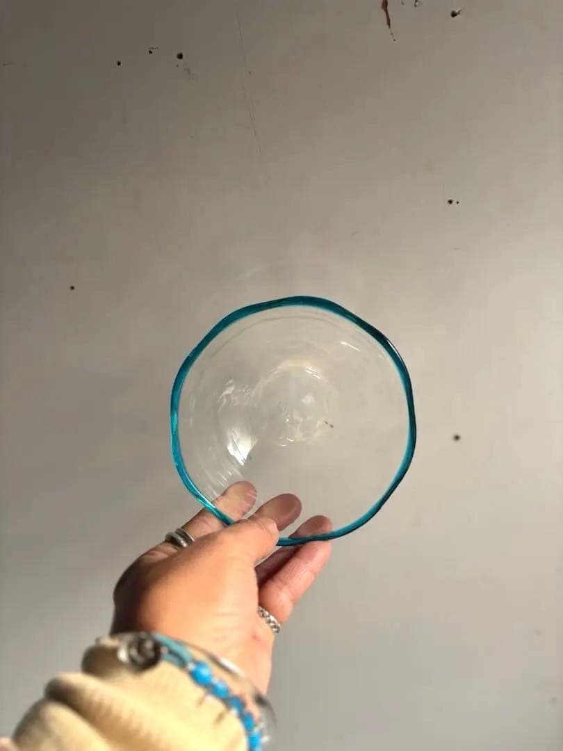 824 民芸 工芸 倉敷ガラス 色口巻き輪花小鉢 5枚組 ブルー 美品