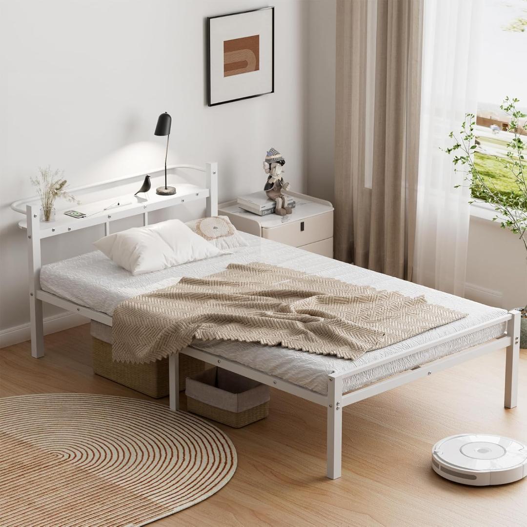 ベッドフレーム シングル ベッド 宮棚 2口コンセント　ホワイト　パイプベッド