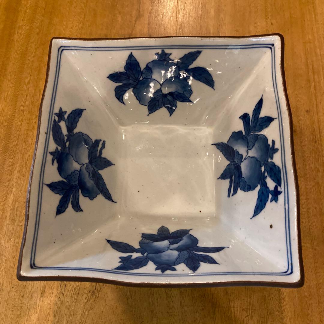 福泉窯昭和期枇杷絵付緑釉四角深鉢