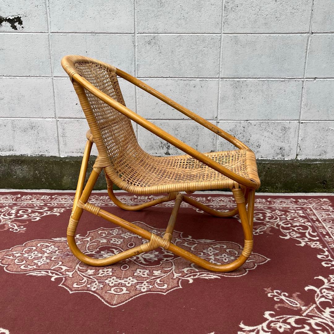 古家具ナチュラル天然素材◾️籐ラタンフレーム ラタンチェア 椅子 アームチェア B