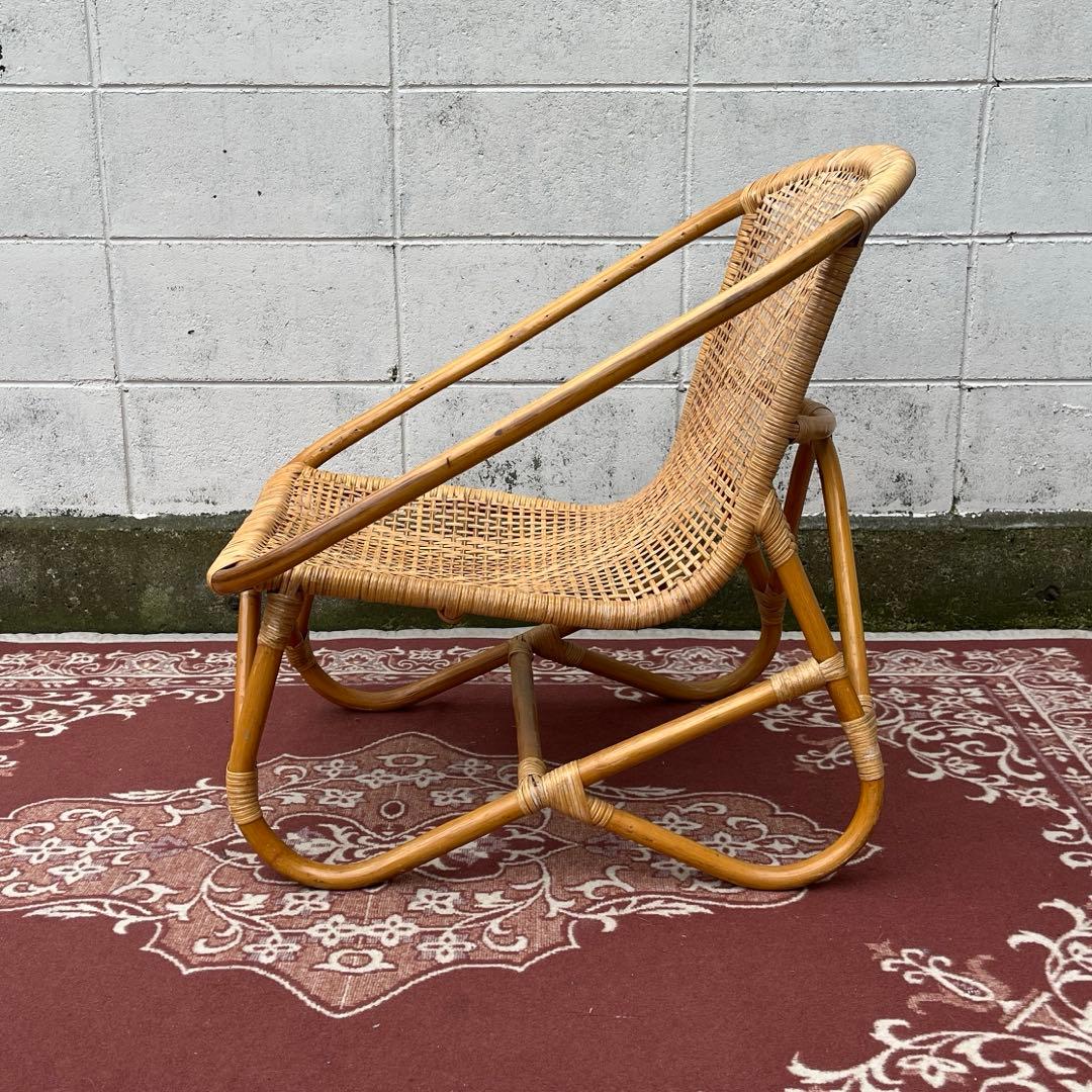 古家具ナチュラル天然素材◾️籐ラタンフレーム ラタンチェア 椅子 アームチェア B
