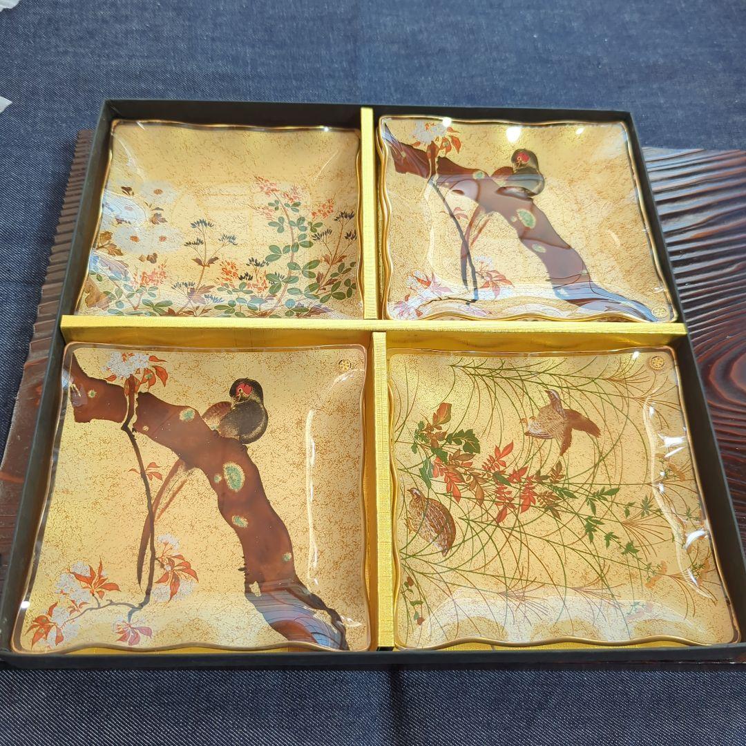 尾形光琳 花鳥風月デザインの和風ガラス皿5枚セット