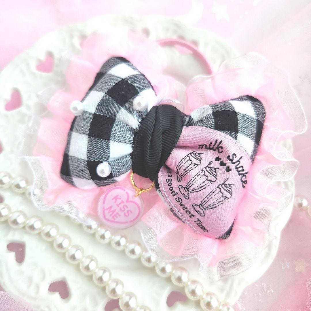 ハンドメイド♡blackギンガム×pinkタグデザイン オーガンジーフリルポニー