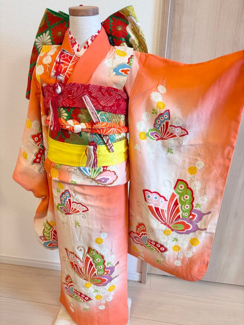 七五三 7歳祝い着セット 正絹 オレンジ 蝶 ヴィンテージ M2509081
