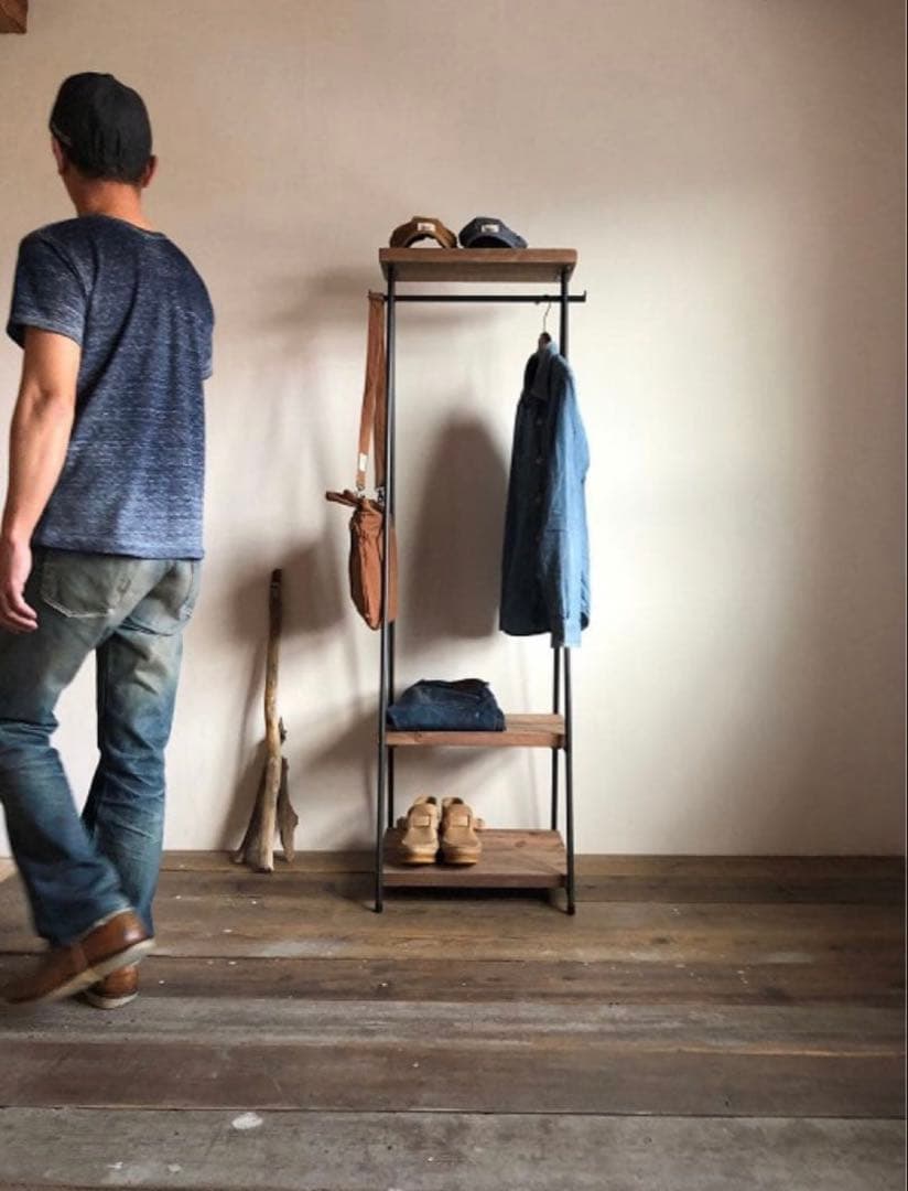 数量限定　特別価格　ハンガーラック　アイアン　古材　2段収納　コンパクト