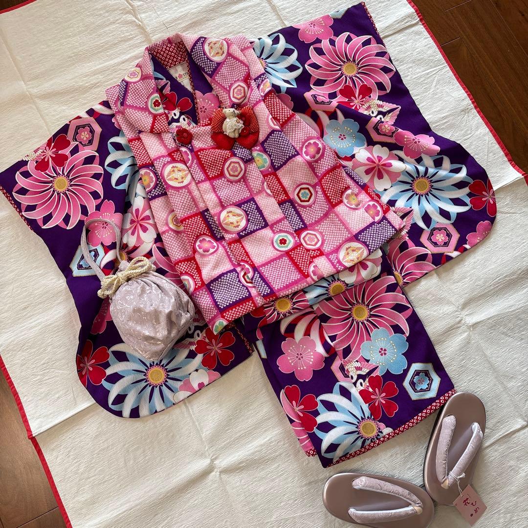 七五三　三歳被布セット➕草履バッグ ジャパンスタイル