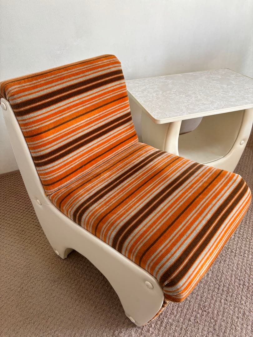 昭和レトロ◼️ミッドセンチュリー 未使用ソファセット 1970年オレンジストライプ