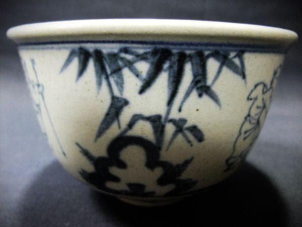 安南写七福人絵 膳所焼 陽炎園「岩崎新定」造 染付 茶碗